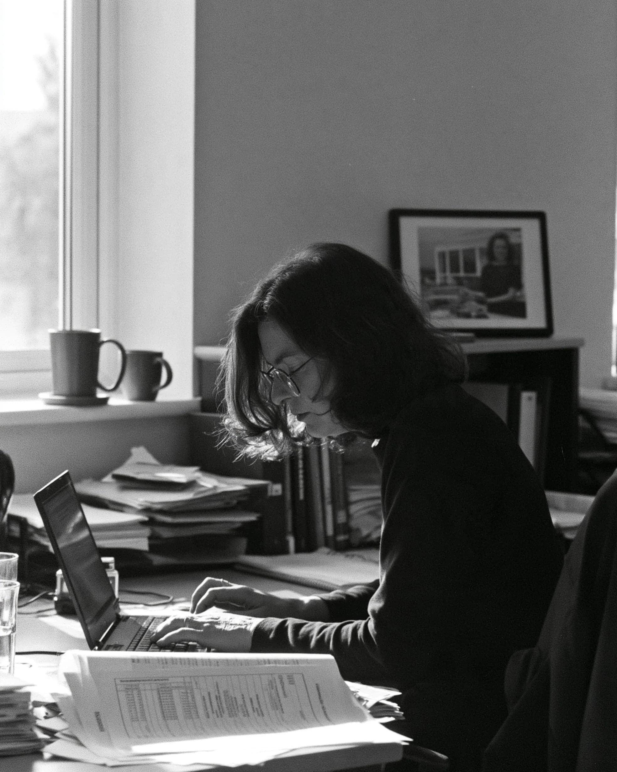 An interim finance executive working through printed management accounts at a borrowed desk